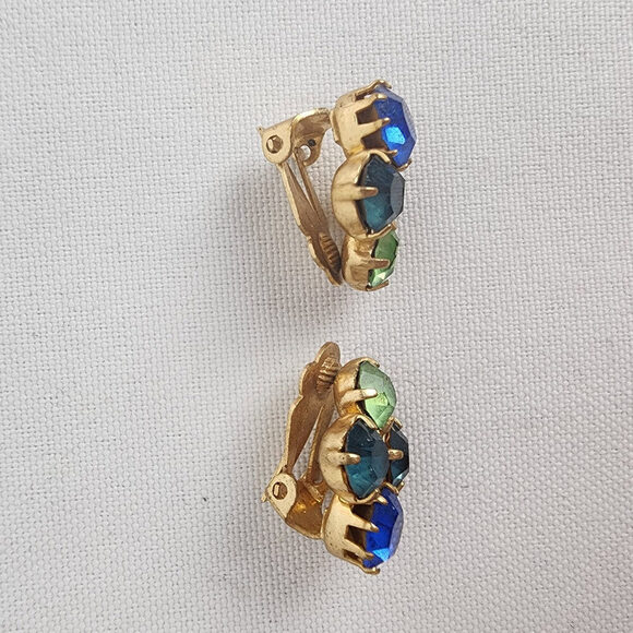 Vintage Gold Tone Blue & Green Crystal Clip On Earrings - Picture 3 of 5